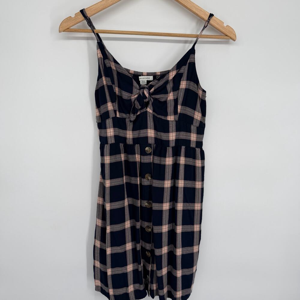American Eagle‎ Dress Women’s Medium Navy & Peach Plaid Milkmaid Croquet Smocked